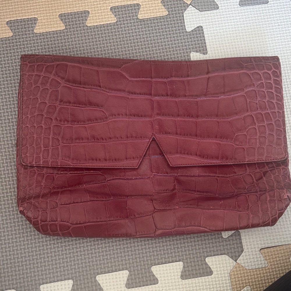 Vince Burgundy Crocodile-Embossed Clutch
